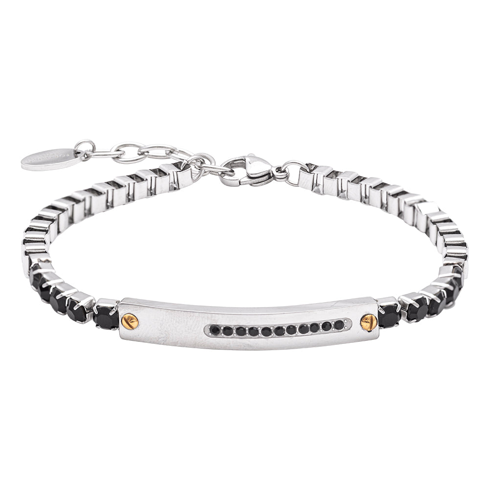 Bracciale in Acciaio con Cristalli Neri e Dettagli Oro