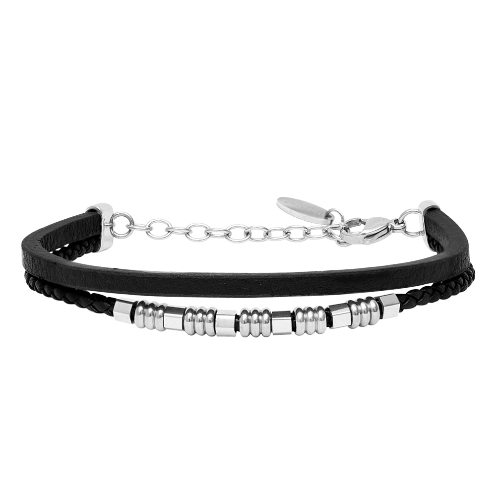 Bracciale in Pelle Nera con Dettagli in Acciaio