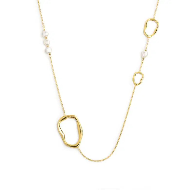 Collana catena con tre elementi di diverse dimensioni a forma organica e perle