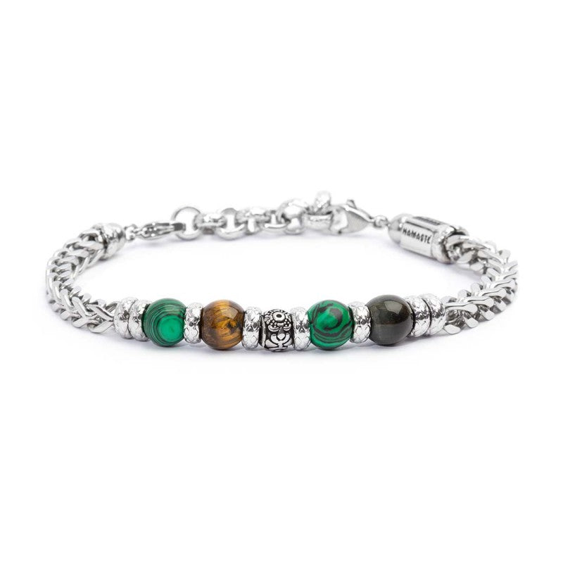 Marlù - Bracciale catena fishbone con sfere malachite e occhio di tigre