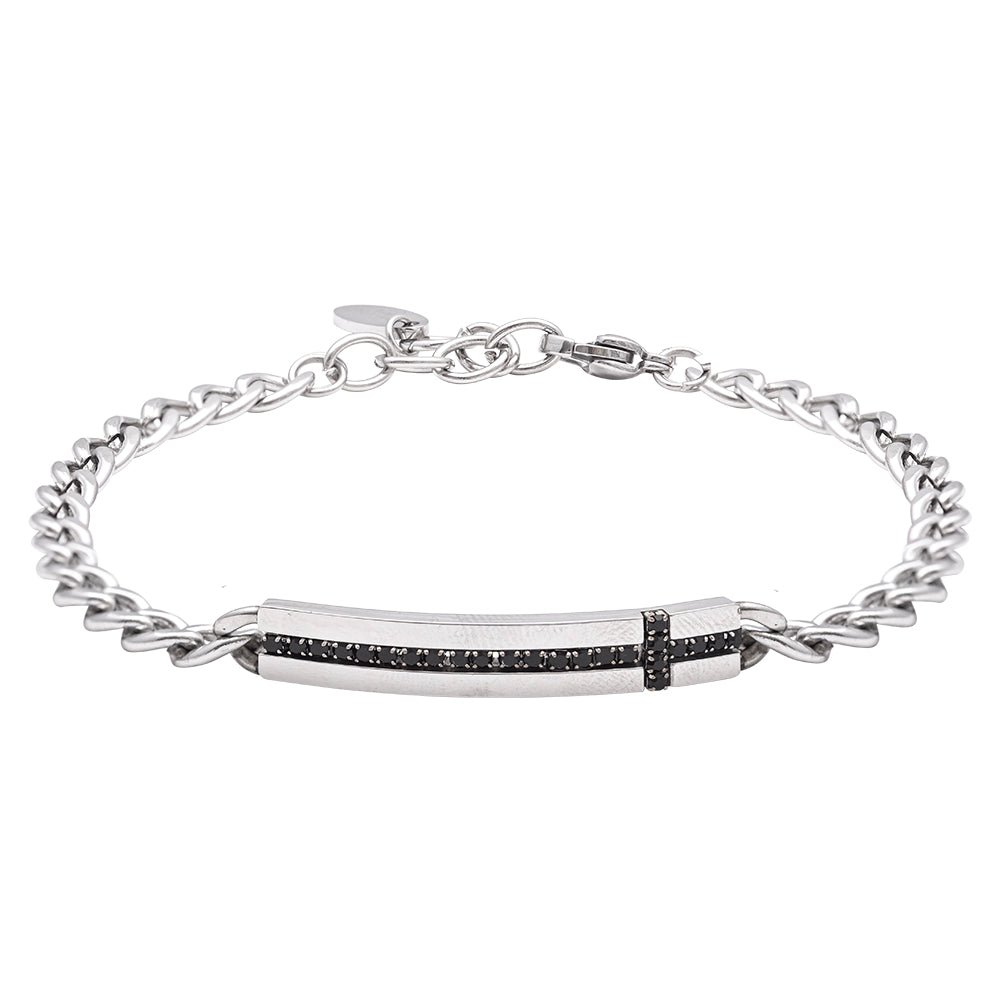 Bracciale in Acciaio con Dettaglio Nero e Catena Classica