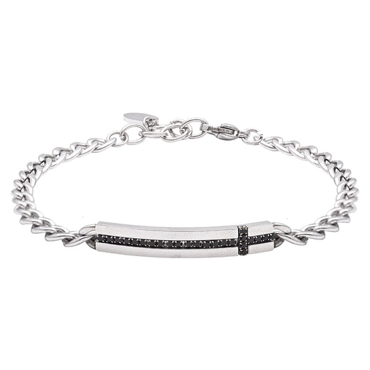 Bracciale in Acciaio con Dettaglio Nero e Catena Classica