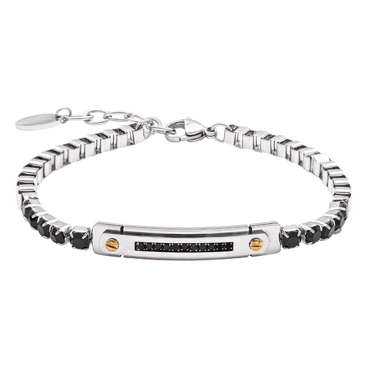 Bracciale in Acciaio con Dettagli Oro e Pietre Nere
