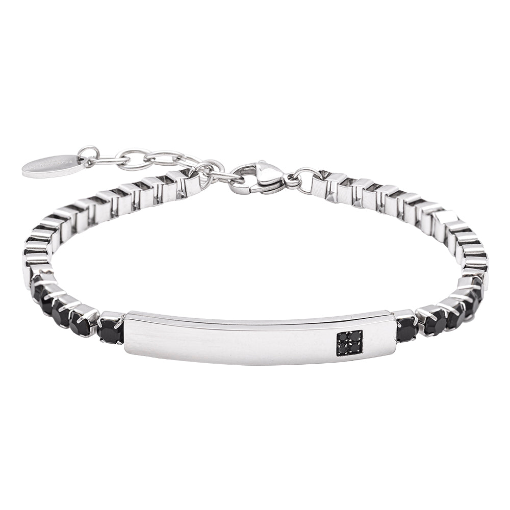 ForYou - Bracciale in Acciaio con Piastrina Minimal e Dettaglio di Pietre Nere