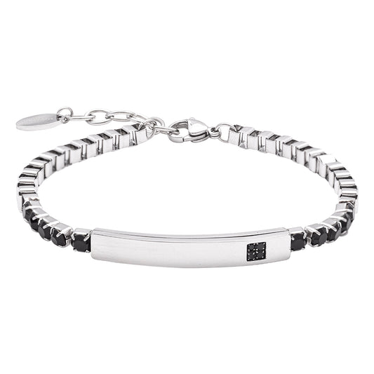 Bracciale in Acciaio con Piastrina Minimal e Dettaglio di Pietre Nere