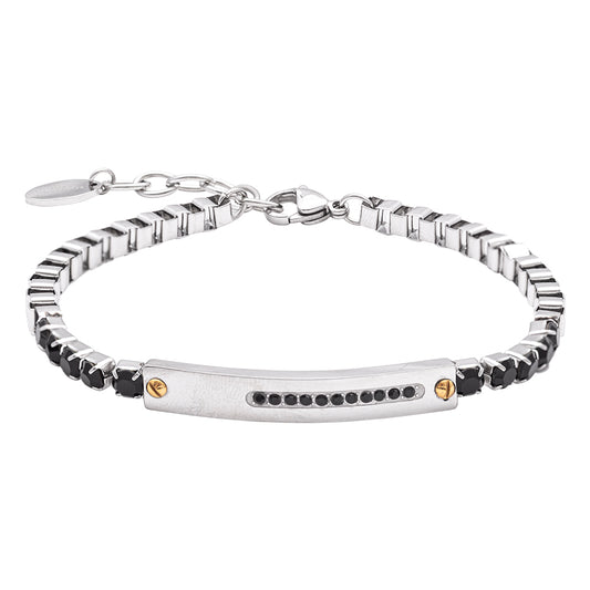 Bracciale in Acciaio con Cristalli Neri e Dettagli Oro