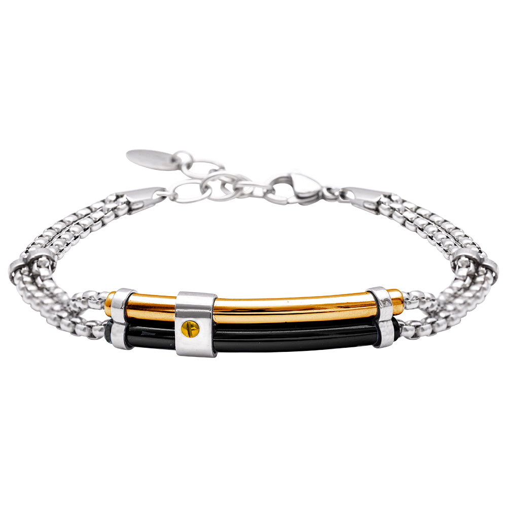 Bracciale in Acciaio a Tre Fili con Dettagli Oro e Nero