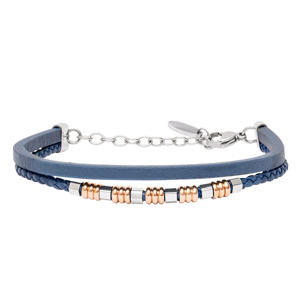 Bracciale in Pelle Blu con Dettagli Acciaio e Oro Rosa
