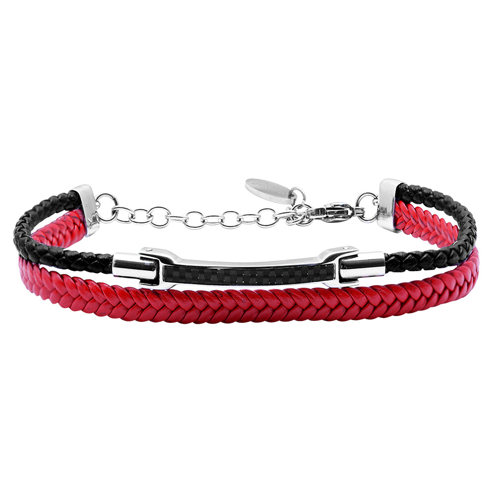 Bracciale in Pelle Intrecciata Rosso e Nero con Dettaglio Carbon Look