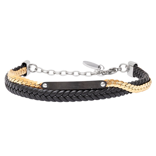 Bracciale in Pelle Nera Intrecciata con Dettaglio Dorato e Piastrina Nera