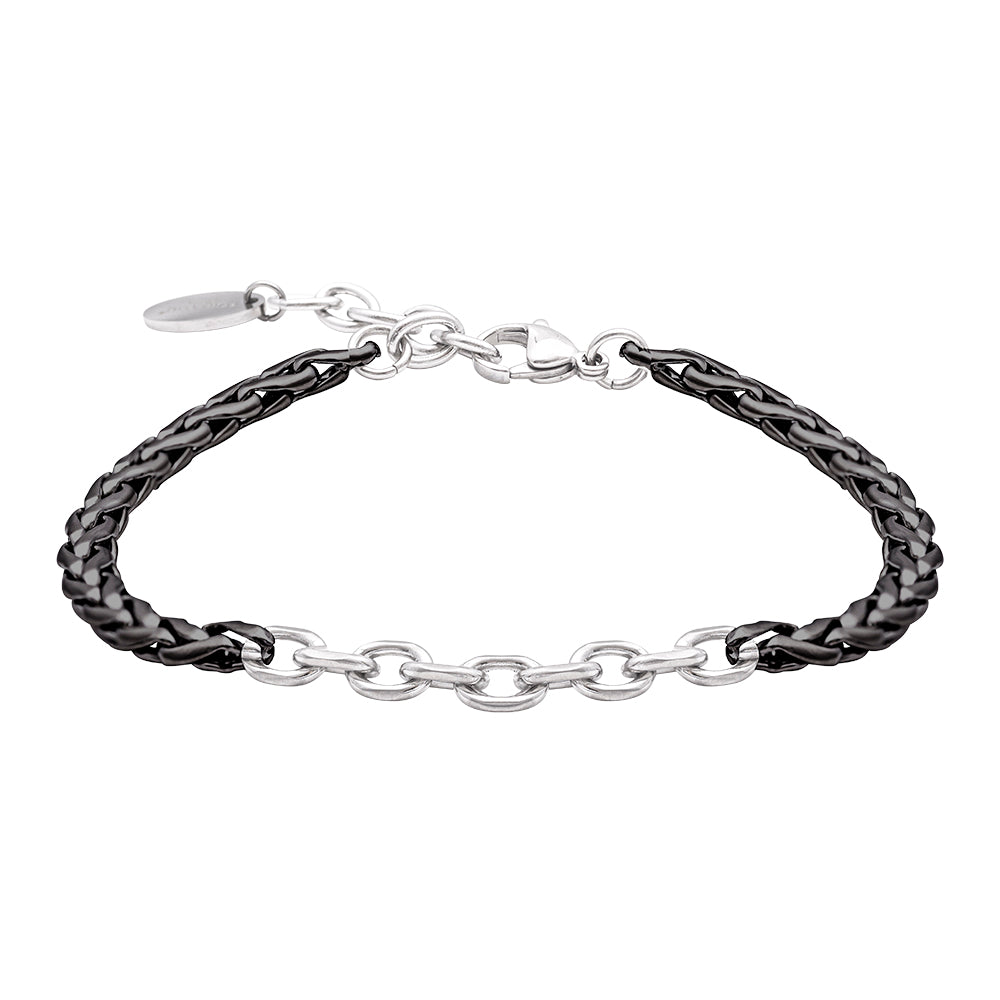 Bracciale uomo catena bicolore acciaio e nero intrecciato