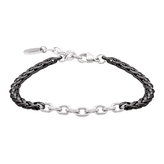 Bracciale uomo catena bicolore acciaio e nero intrecciato