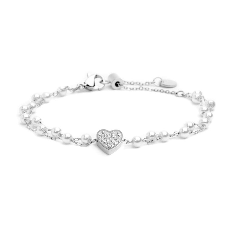 Marlù - Bracciale cuore cristalli doppia catena con perle