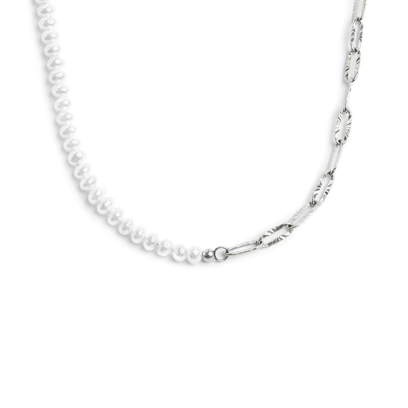 Marlù - Collana catena figaro e catena con perle bianche irregolari