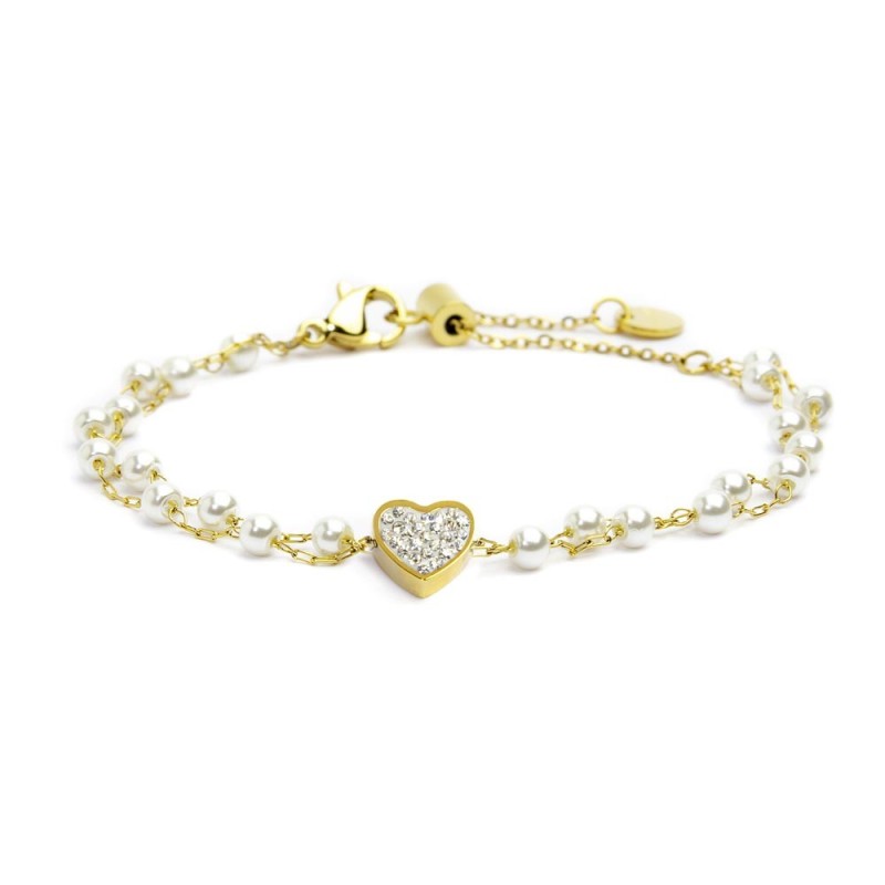 Bracciale cuore cristalli doppia catena con perle